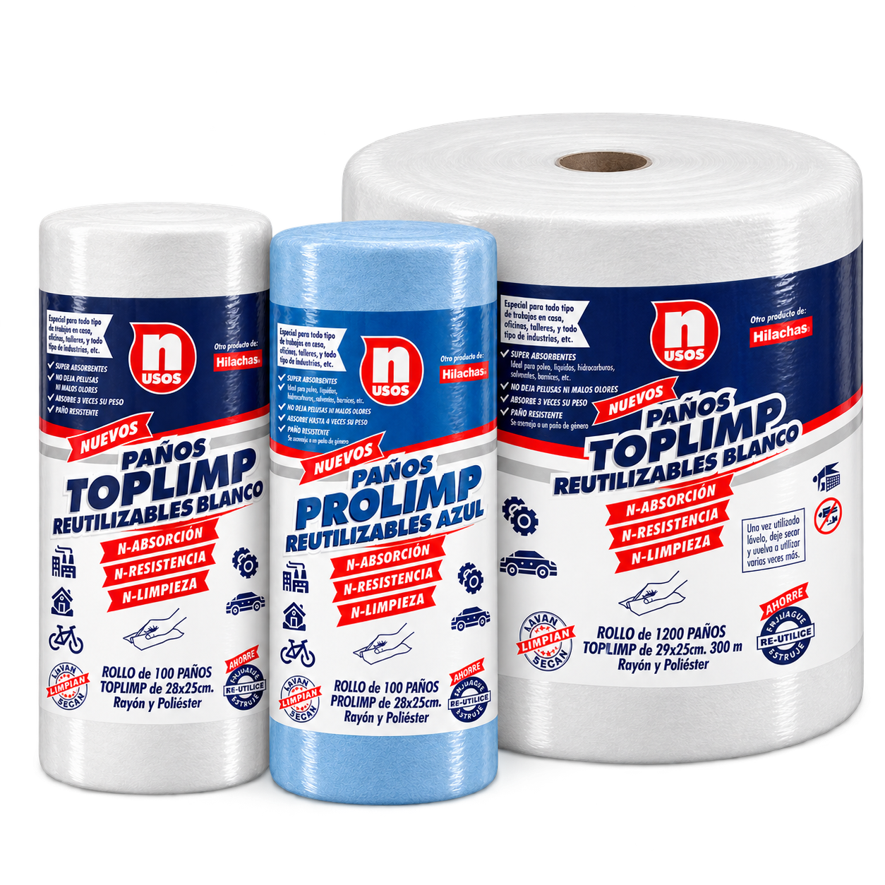 Toplimp blanco de 100 paños, Prolimp celeste de 100 paños y Toplimp blanco de 1.200 paños, juntos con sus etiquetas N Usos