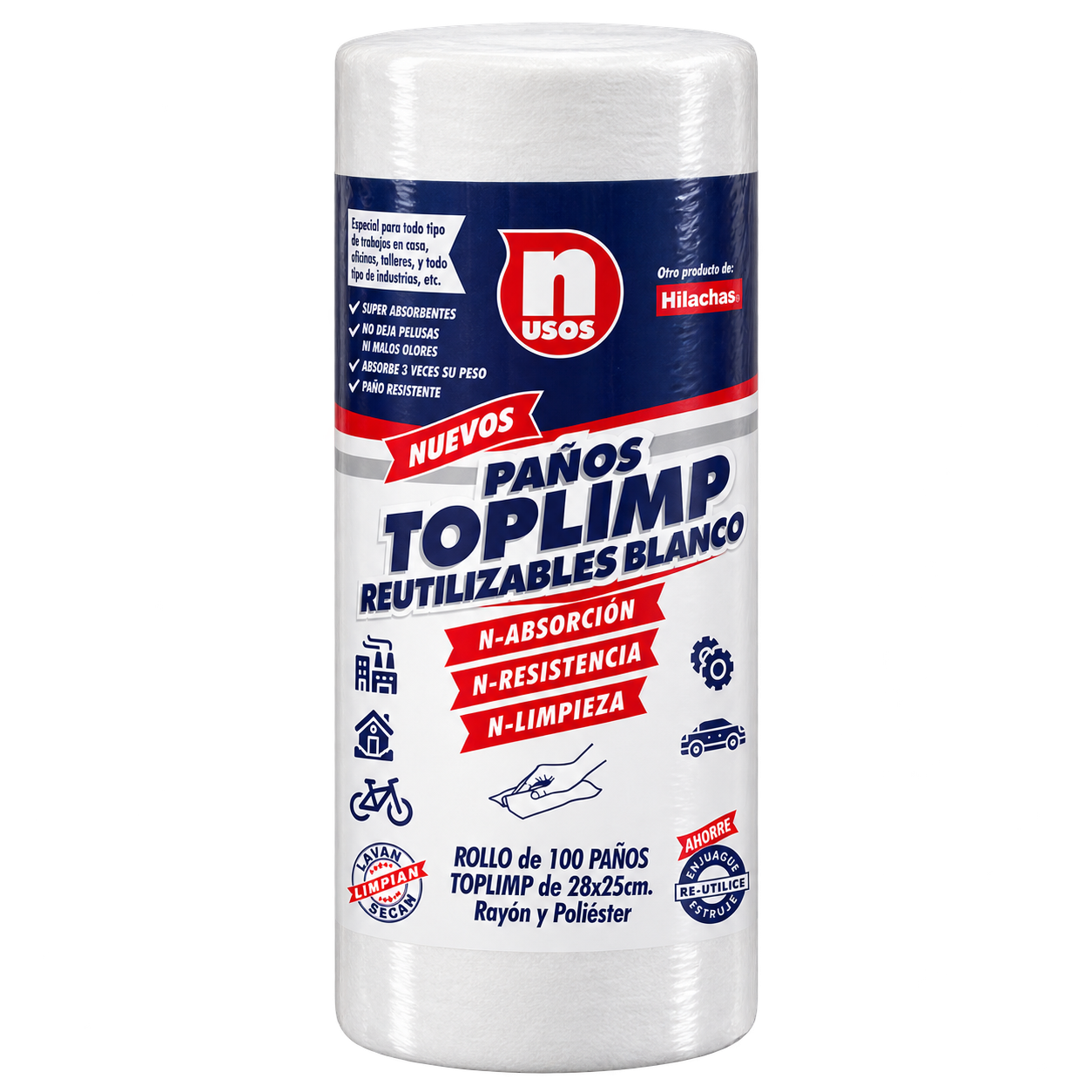 Rollo Toplimp Blanco de 100 paños con etiqueta N Usos