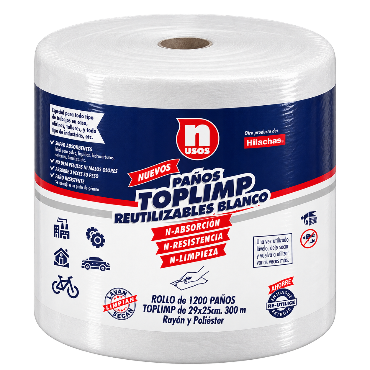 Rollo Toplimp 300 Blanco de 1.200 paños con etiqueta N Usos